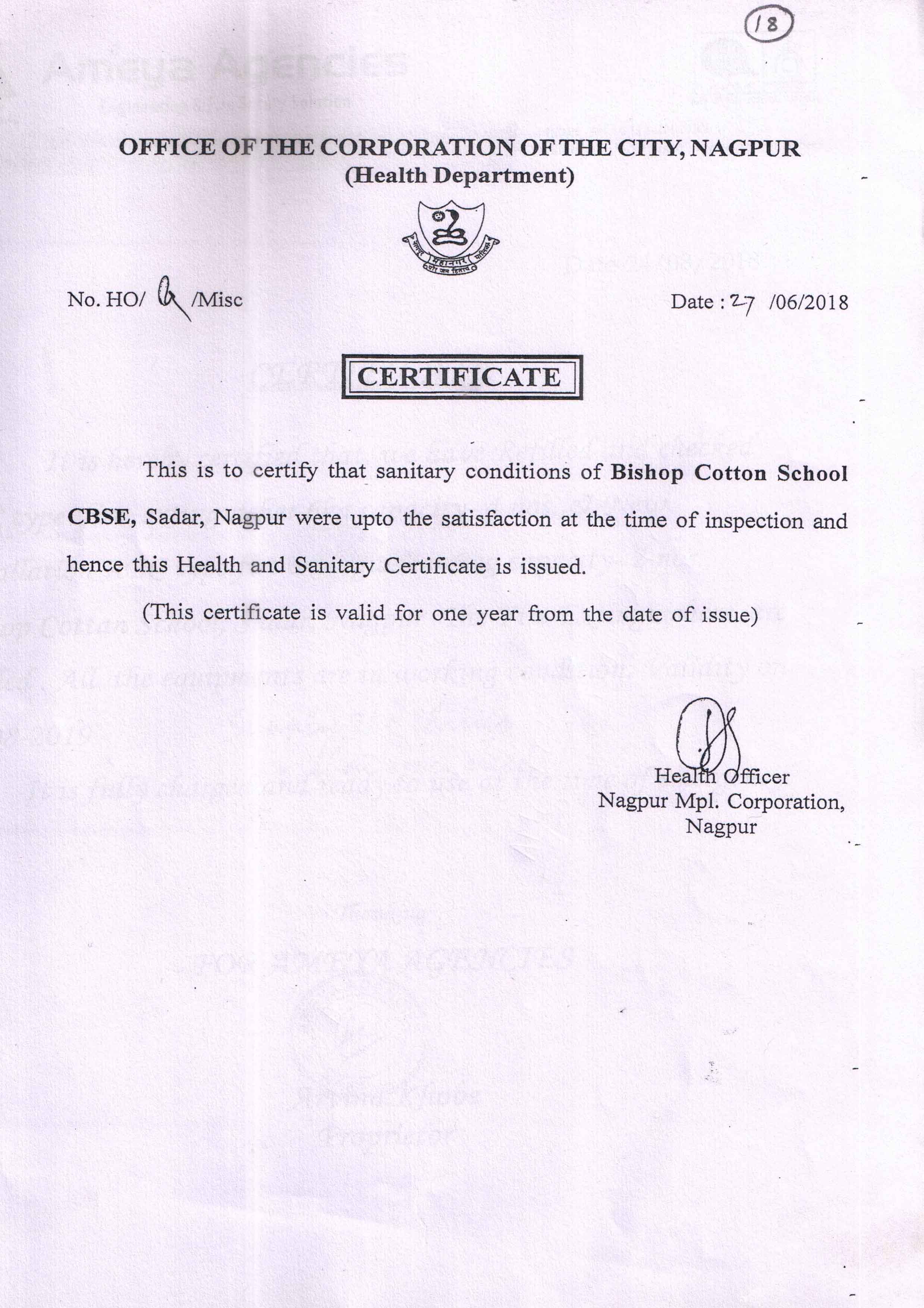 Health Department Certificate